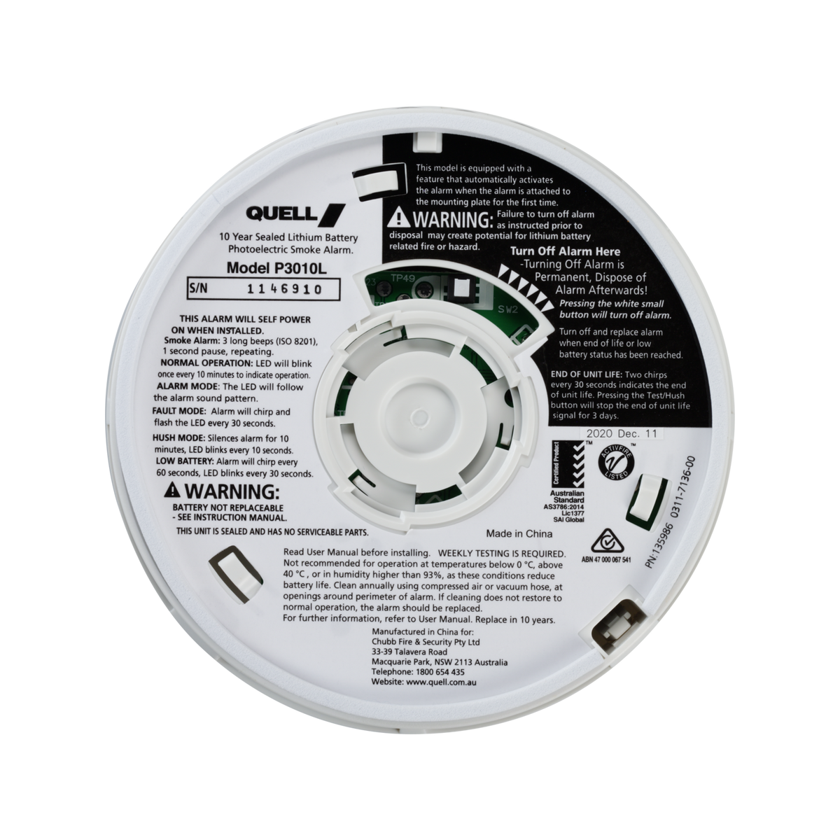 Quell Worry-Free Photoelectric Smoke Alarm, 85dB White, 10 Year Lithium Battery