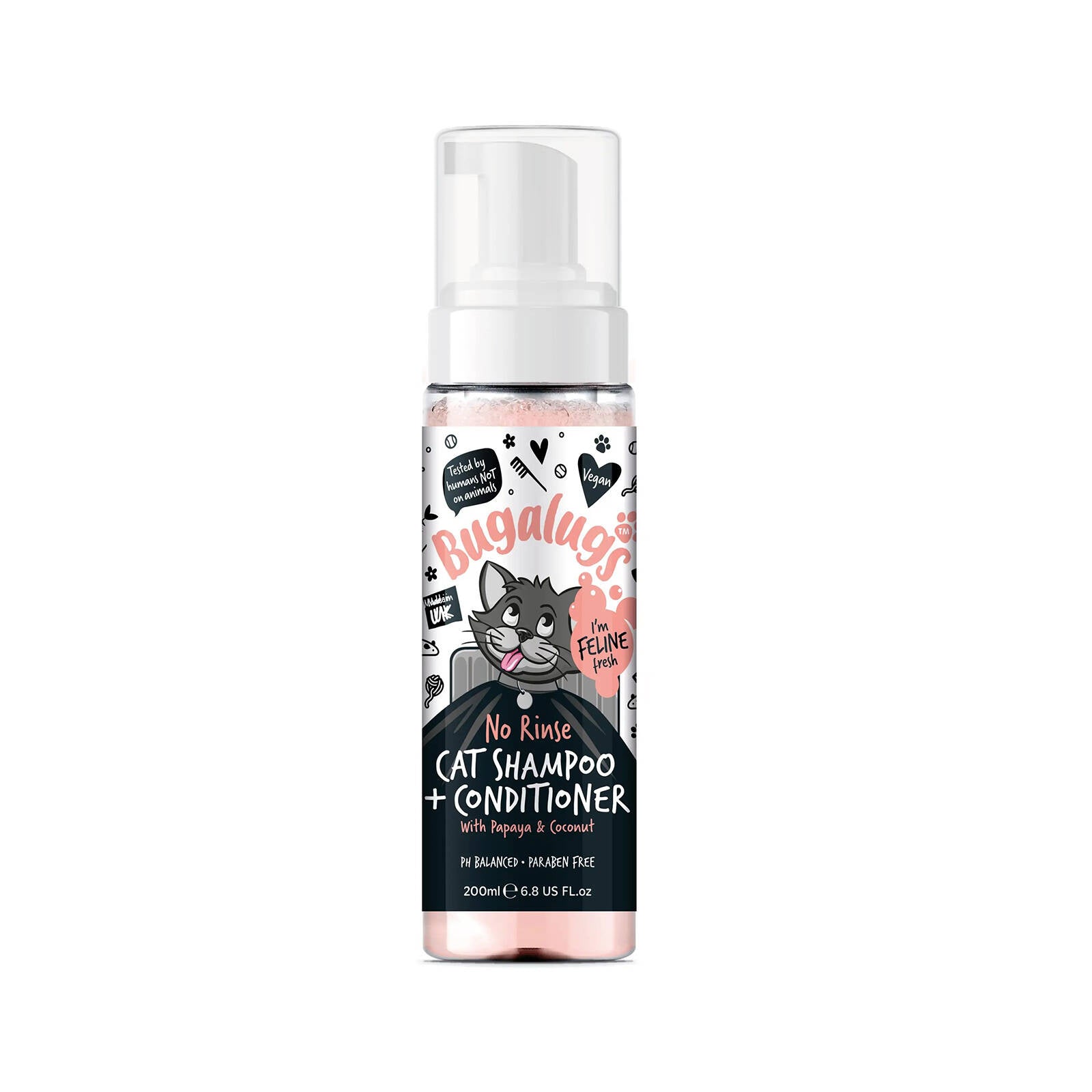 Bugalugs No Rinse Cat Shampoo and Conditioner 200ml, Papaya & Coconut