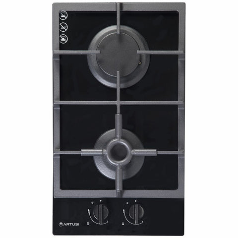 Artusi 30cm two-burner gas cooktop - Black tempered glass, cast iron pan supports, easy clean - CAGH32B