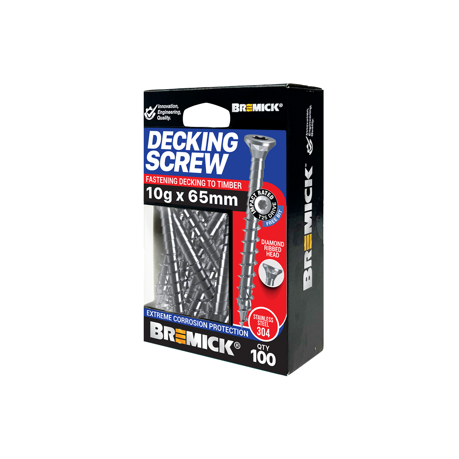 Bremick 10g x 65mm 304 Stainless Steel Spiral Rib T25 Decking Screw 100 Pack