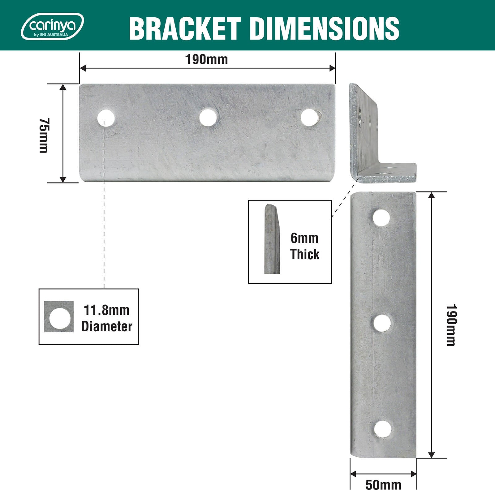 Carinya 190 x 75 x 50 x 6mm Galvanised Steel Reinforcing Angle Bracket