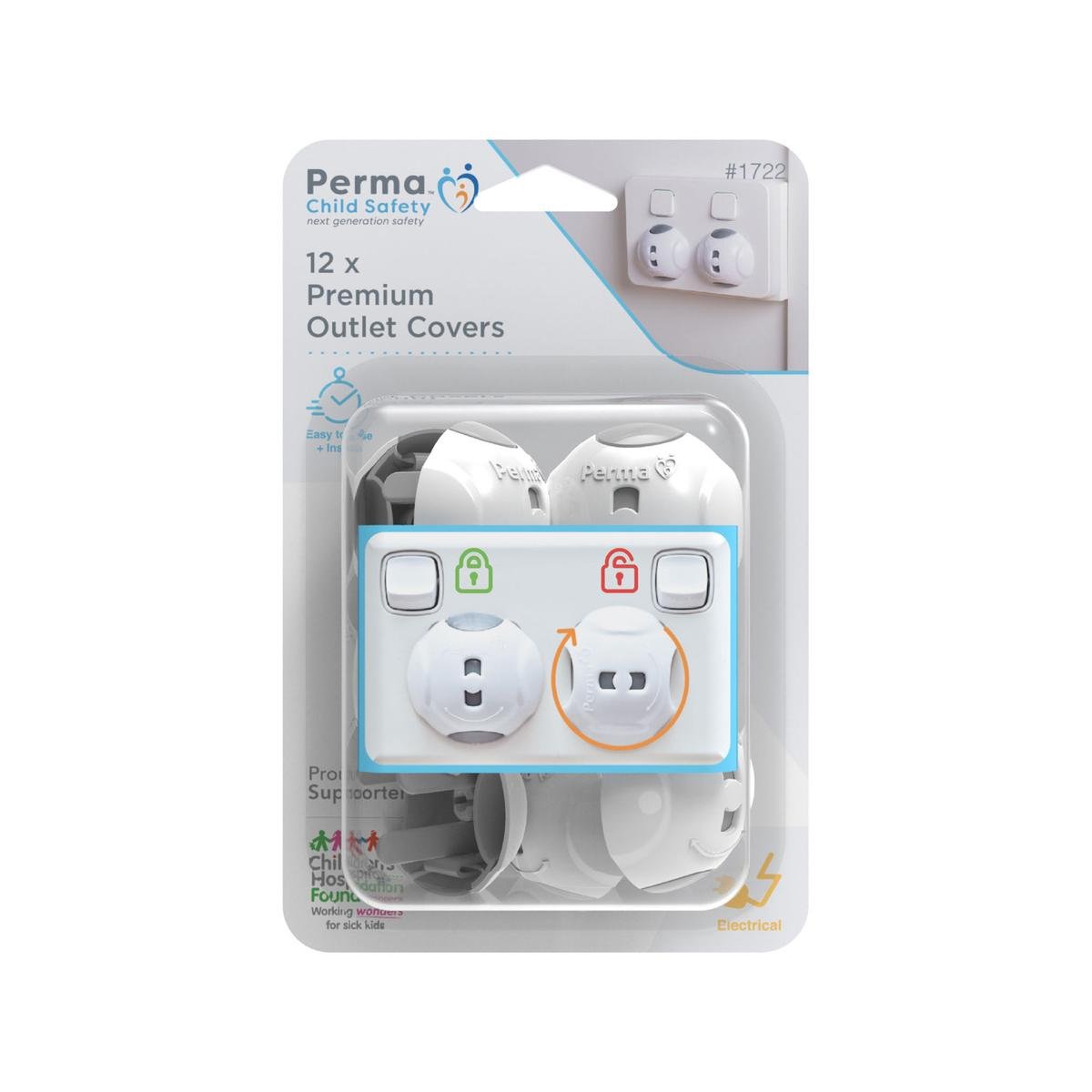 Perma Child Safety Outlet Covers 12 Pack Plastic White Grey Easy Use - SuperSaverAU - view 1