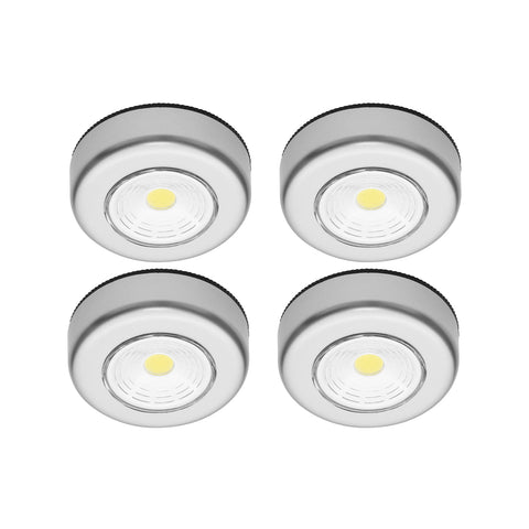 Click Silver LED Puck Lights 4 Pack, Cordless Push-On, Indoor, Self-Adhesive