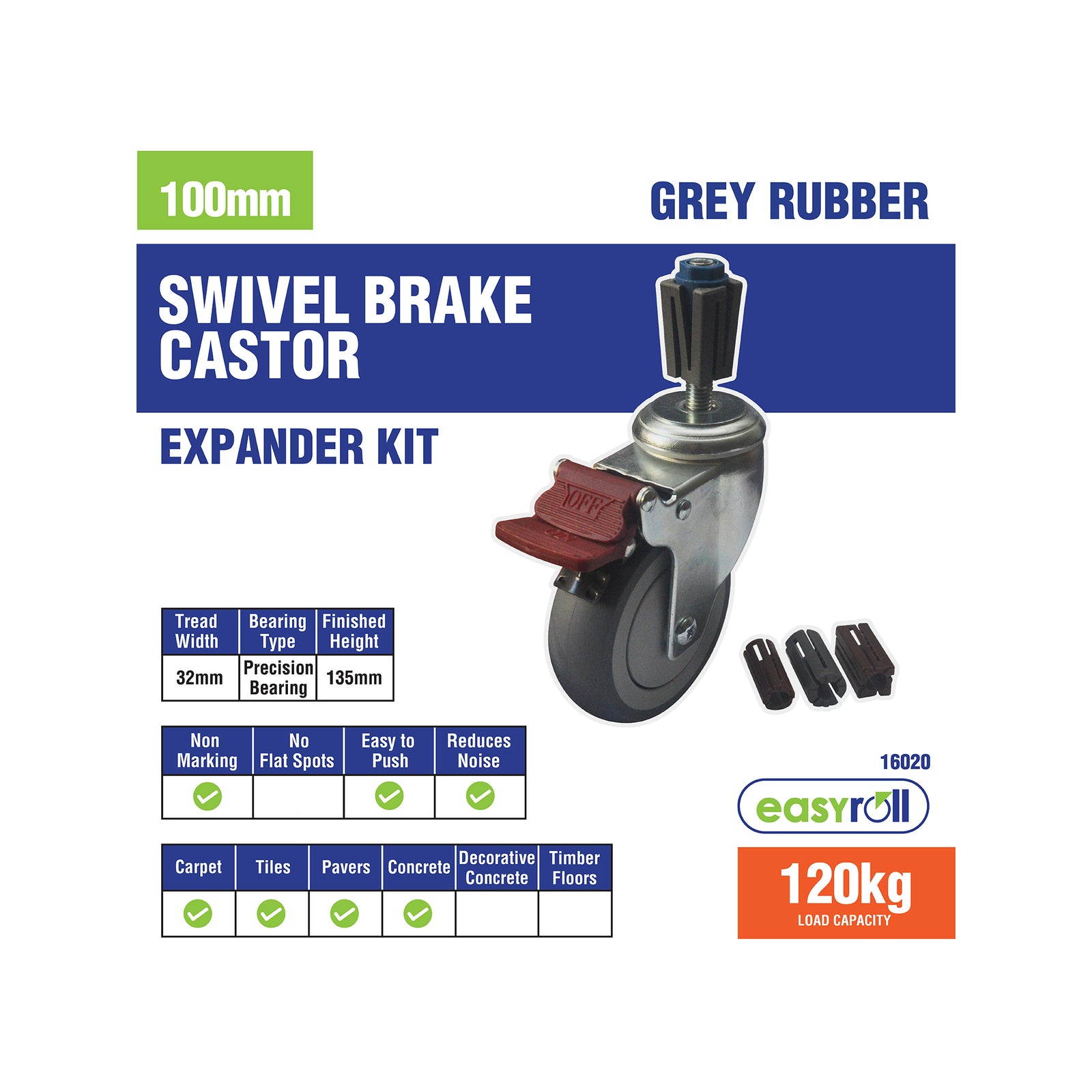 Easyroll 100mm 120kg Grey Rubber Braked Castor Expansion Kit
