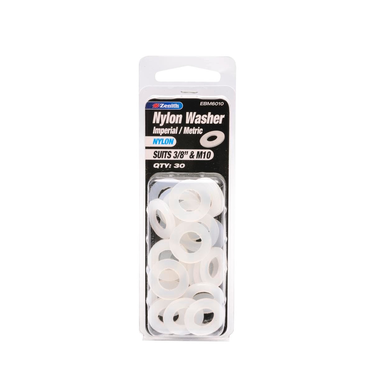Zenith 3/8" and M10 White Nylon Round Washers - 30 Pack