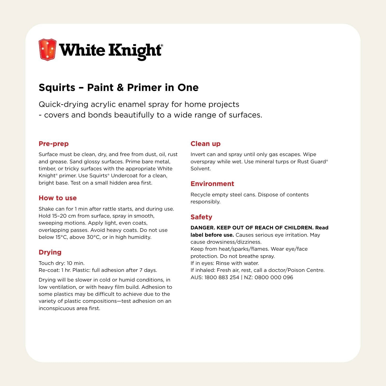 White Knight Squirts Black Flat Spray Paint 310g - Solvent-Based Paint & Primer, Waterproof