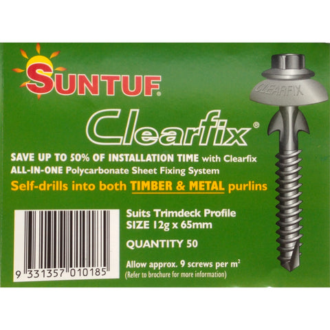 Suntuf 12g x 65mm Clearfix Polycarbonate Trimdeck Screws Self-Drilling - 50 Pack