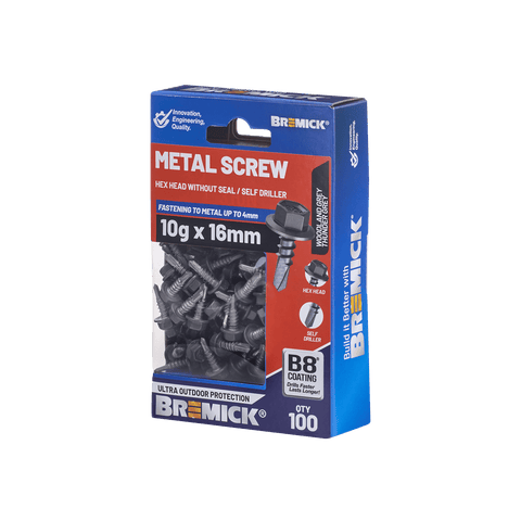 Bremick 10g x 16mm Hex Metal Screws B8 Woodland Grey - 100 Pack