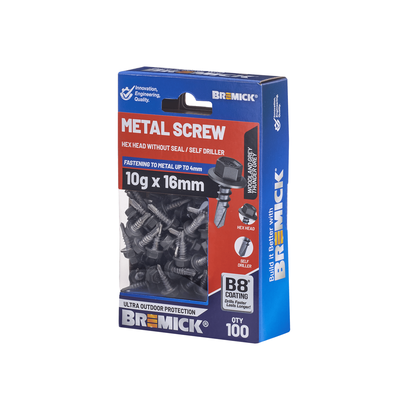 Bremick 10g x 16mm Hex Metal Screws B8 Woodland Grey - 100 Pack