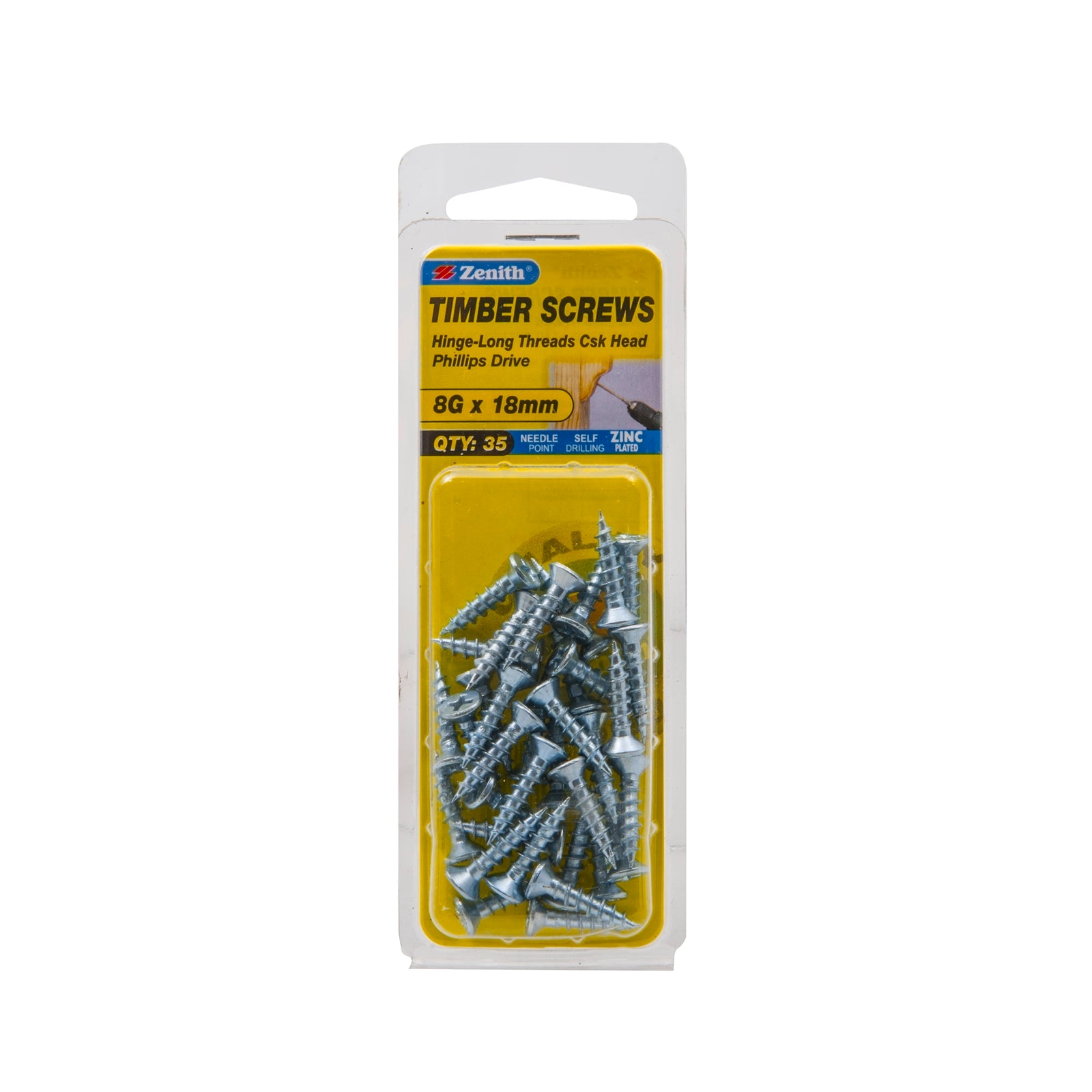 Zenith 8G x 20mm Zinc Plated Hinge-Long Thread Countersunk Timber Screws, 35 Pack