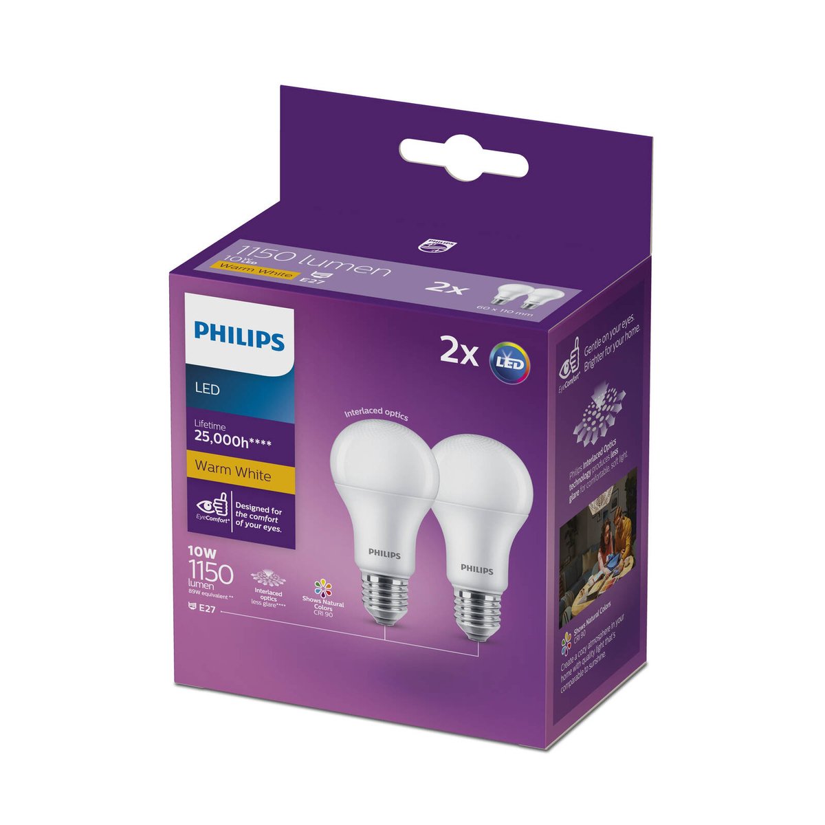 Philips A60 E27 LED 1150lm Warm White 10W Globe 3000K - 2 Pack