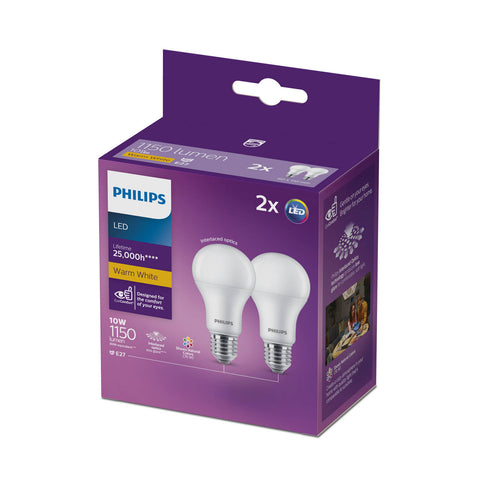 Philips A60 E27 LED 1150lm Warm White 10W Globe 3000K - 2 Pack