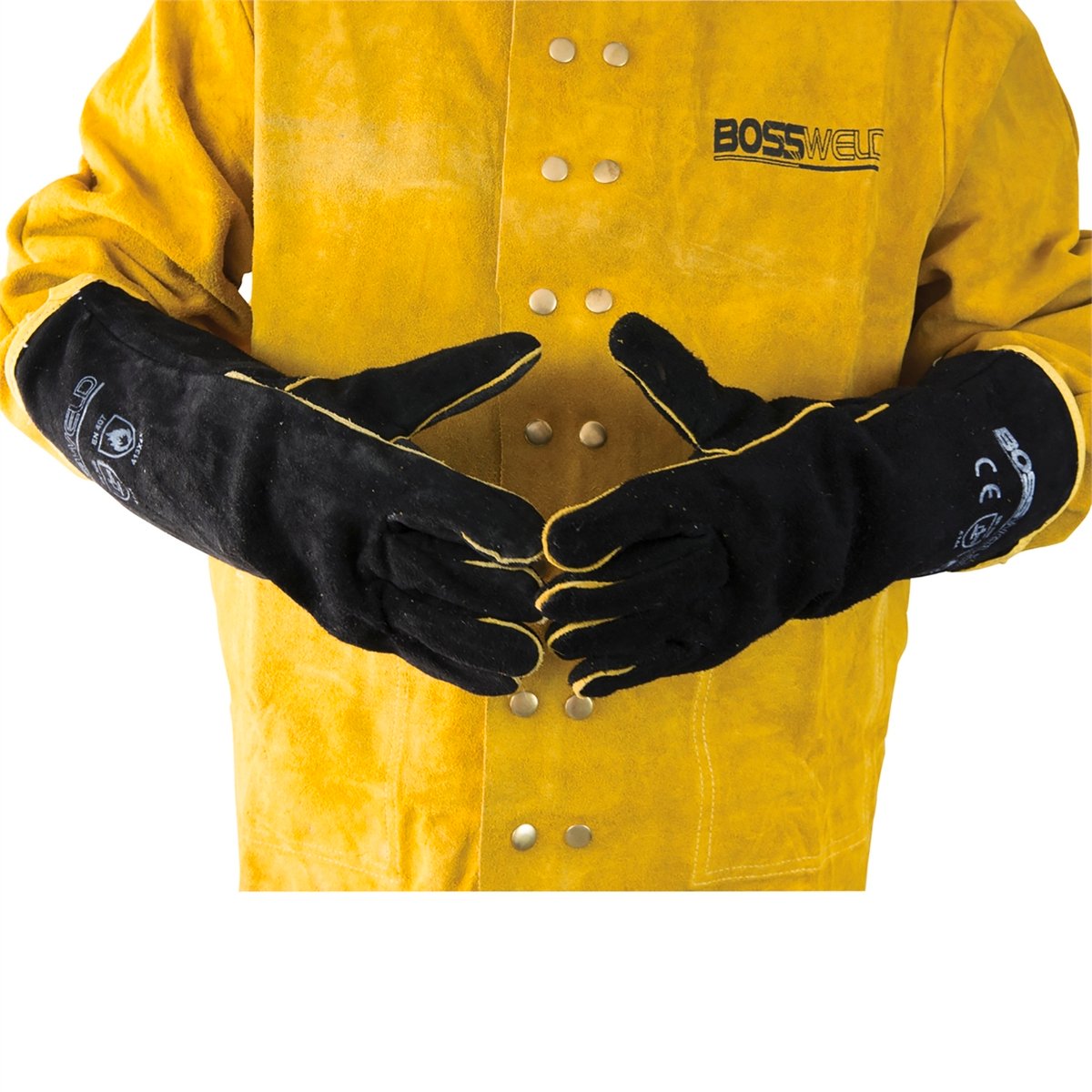 Bossweld 16 Inch Black and Gold Welding Gloves - Lined Split Leather Gauntlet Pair