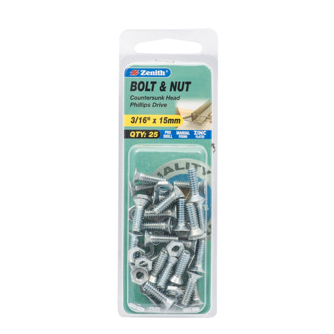 Zenith 3/16" x 15mm Zinc Plated Countersunk Bolt and Nut - Steel, 25 Pack