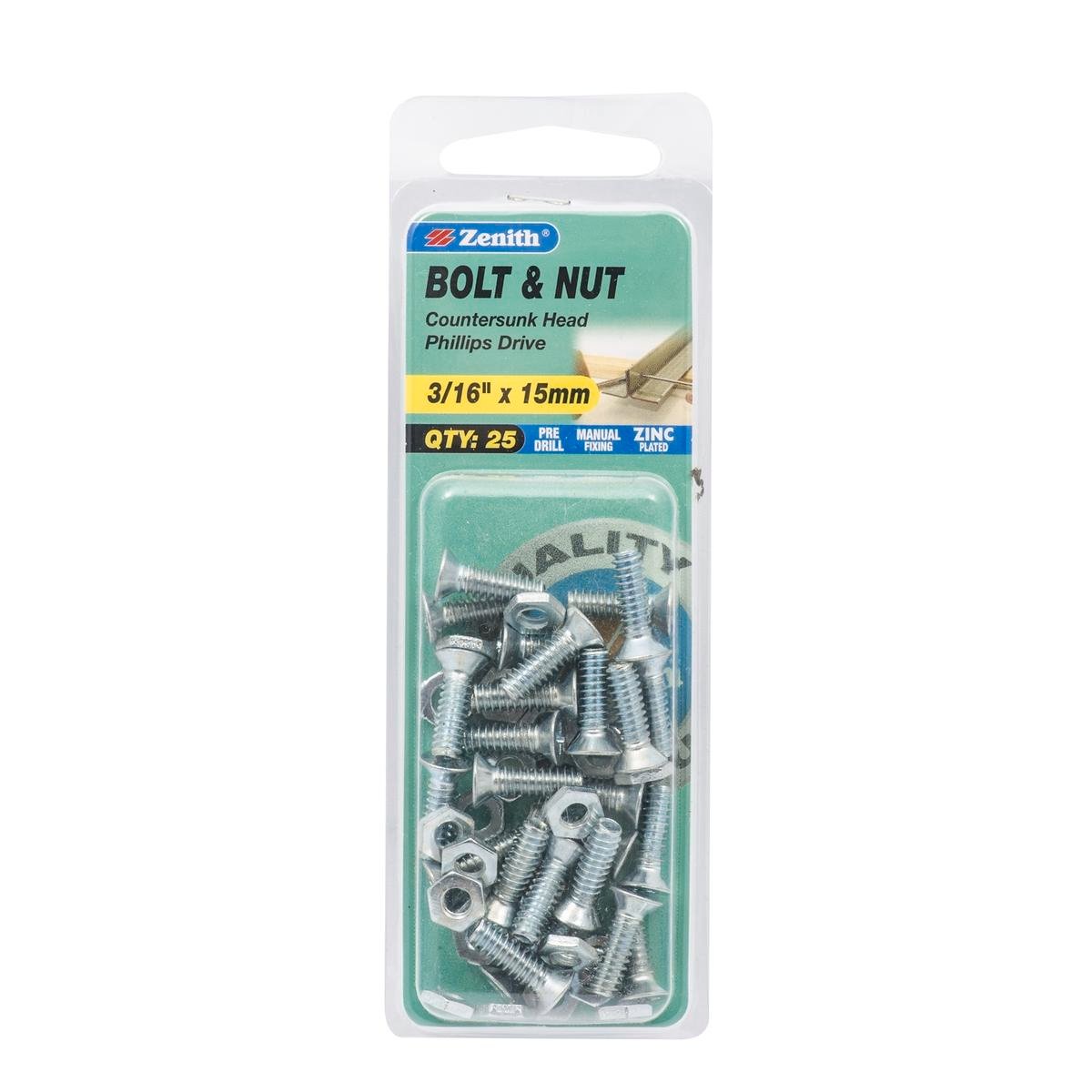 Zenith 3/16" x 15mm Zinc Plated Countersunk Bolt and Nut - Steel, 25 Pack