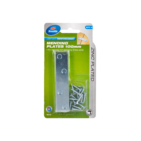 Zenith 100mm Zinc Plated Steel Mending Plates, 4 Pack with Screws for Timber Joints