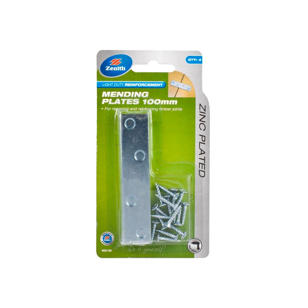 Zenith 100mm Zinc Plated Steel Mending Plates, 4 Pack with Screws for Timber Joints