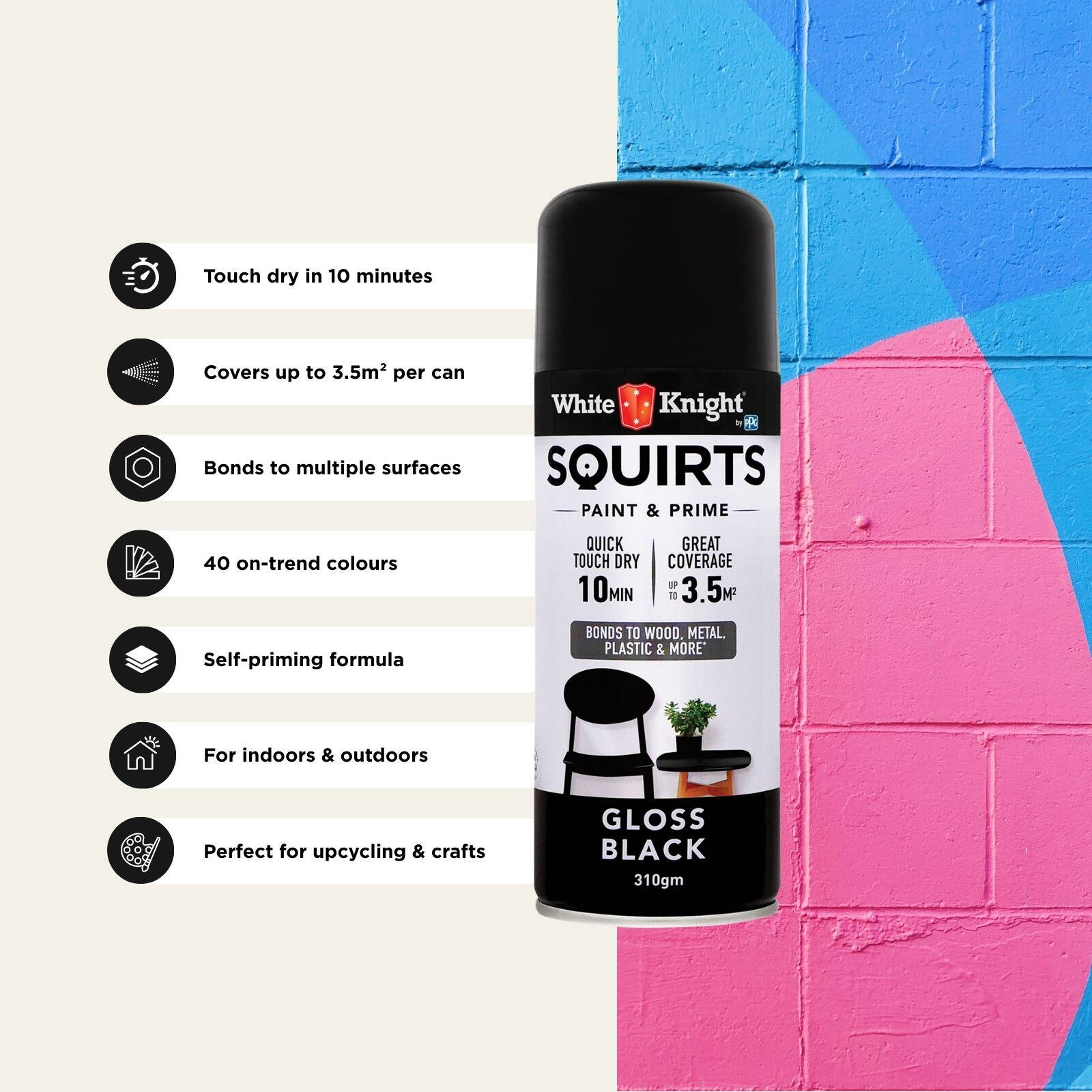 White Knight Squirts Black Gloss Spray Paint 310g - Solvent-Based Paint & Primer, Waterproof