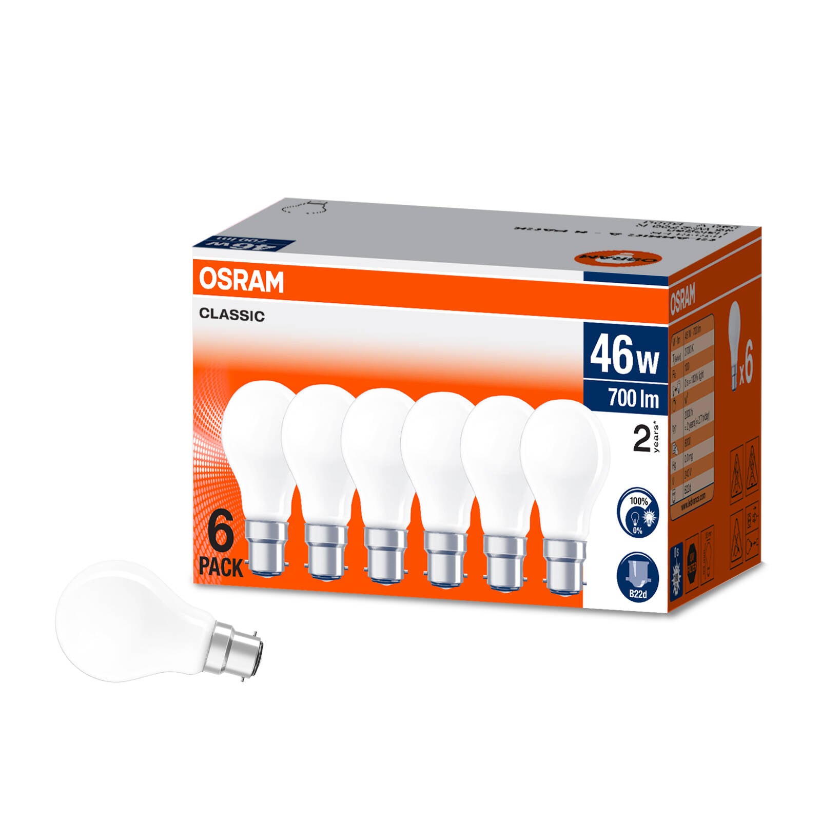 Osram Classic AShape Halogen Globe 46W Frosted B22, Dimmable, 700lm, 6 Pack