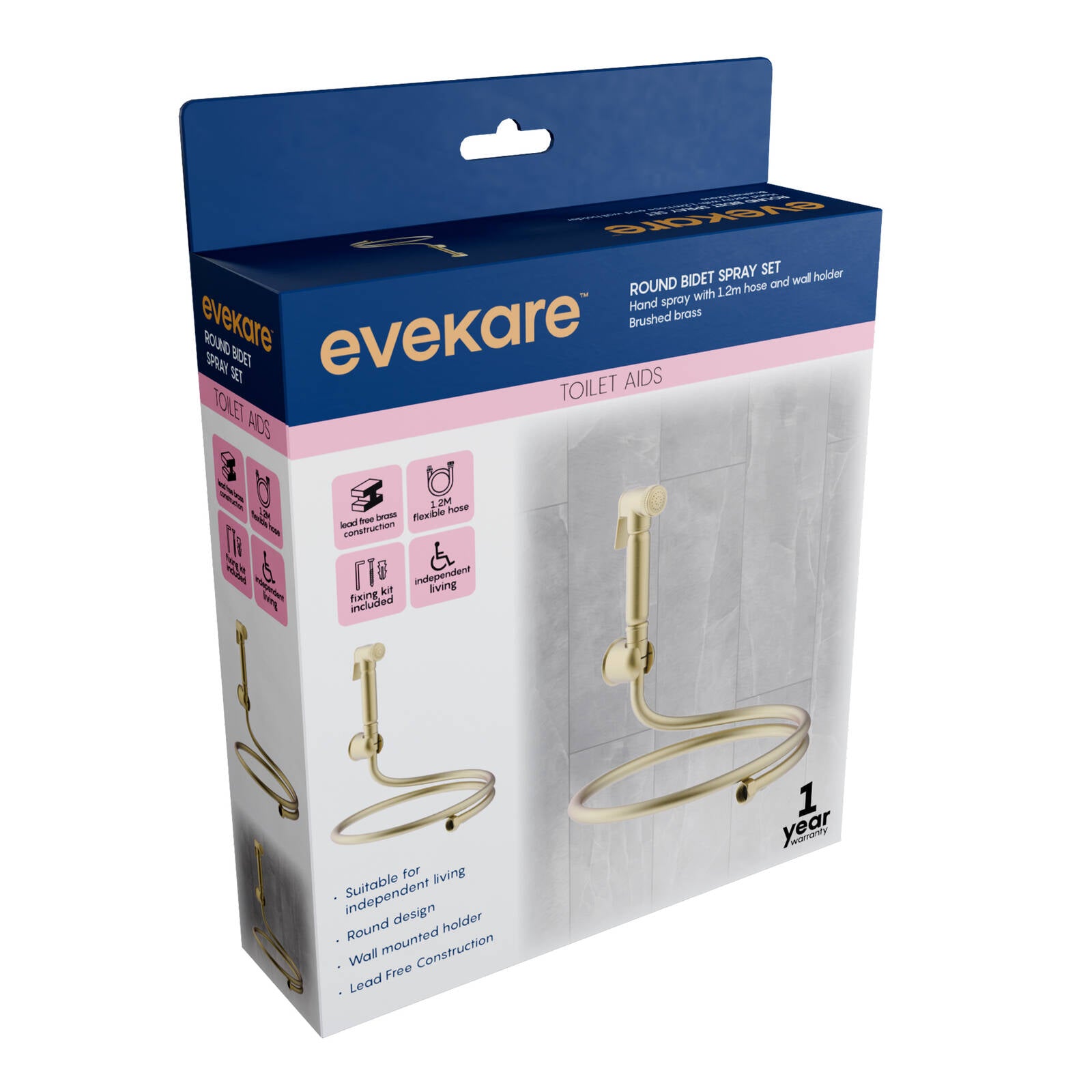 Evekare 1.2m Brushed Brass PVC Bidet Spray with Holder, Lead Free