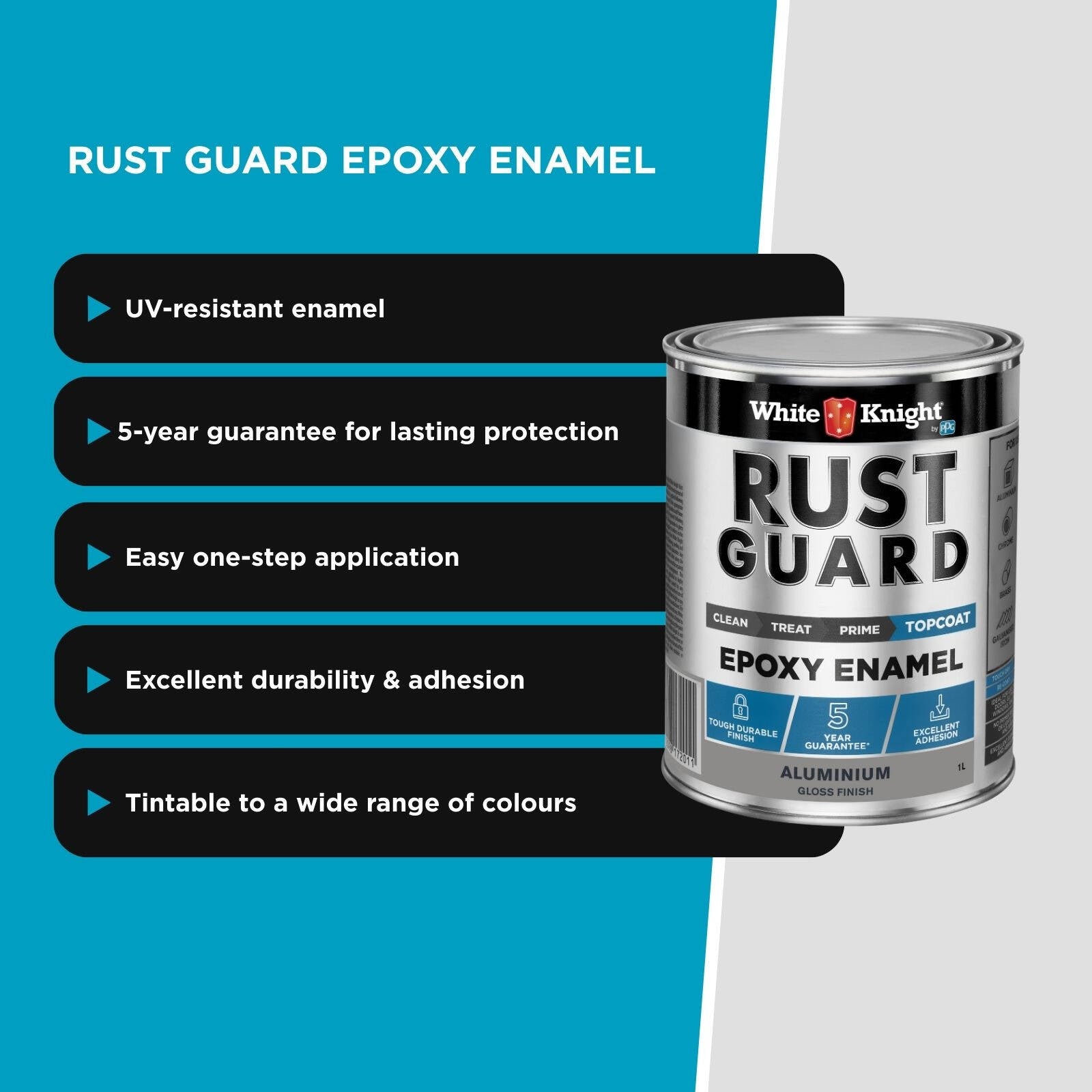 White Knight Rust Guard Epoxy Enamel Paint 1L - Aluminium Gloss, Solvent Based UV Resistant Metal Paint