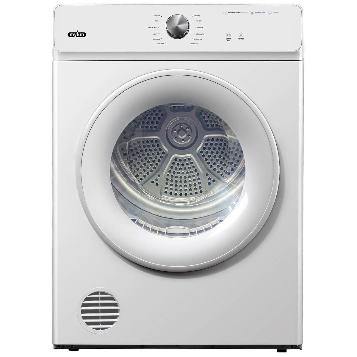 Mykin 8kg Vented Dryer - 12 Drying Programs, Reverse Tumble, Wall Mountable, White - MVD28W