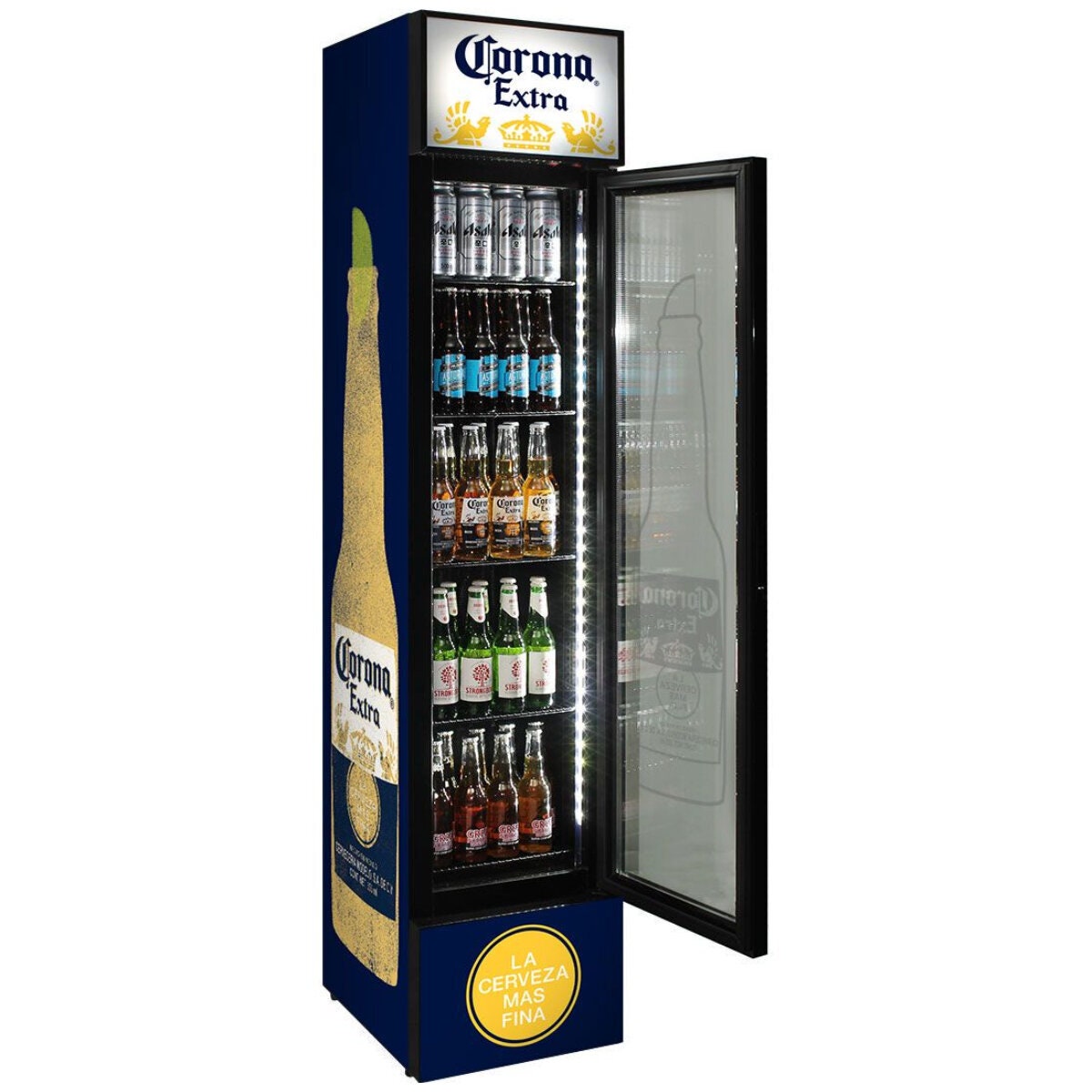 Schmick 160L Corona Beer Licensed Skinny Upright Bar Fridge - 9 Star, Lockable - SS-P160-CORONA
