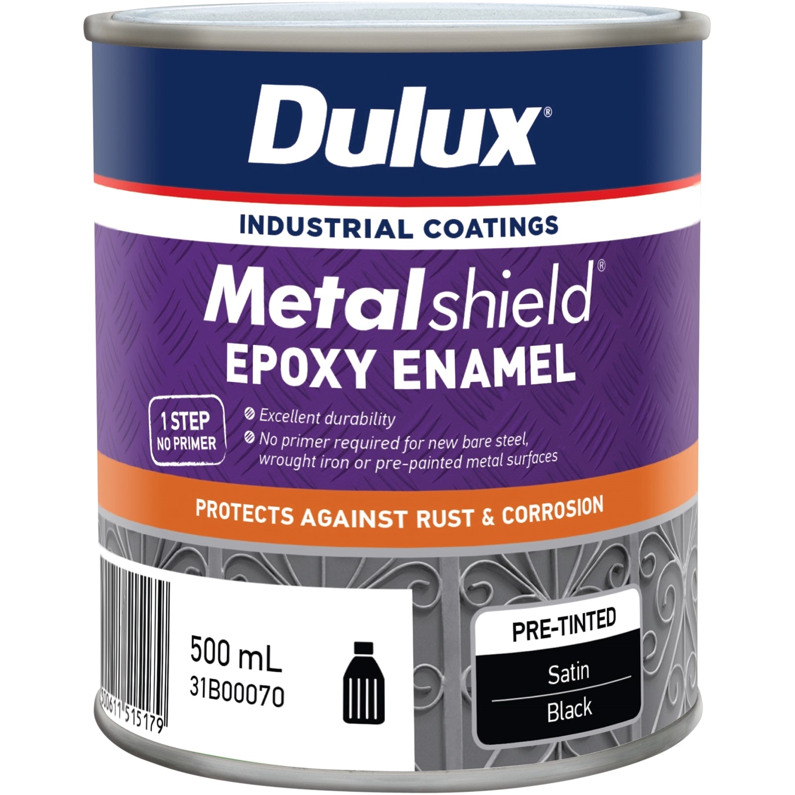 Dulux Metalshield Epoxy Enamel Satin Paint 500mL Black - UV & Splatter Resistant Metal Topcoat