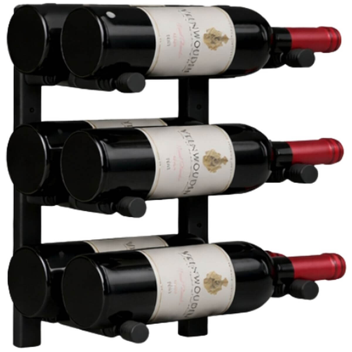 KingsBottle 6 bottle wall-mounted wine rack - offset pegs, metal rail, matt black - RAIL0342-WPH02MBK