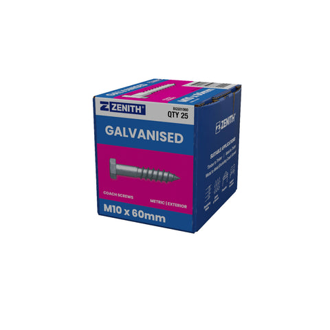 Zenith M10 x 60mm Hot Dip Galvanised Hex Head Coach Screws - 25 Pack