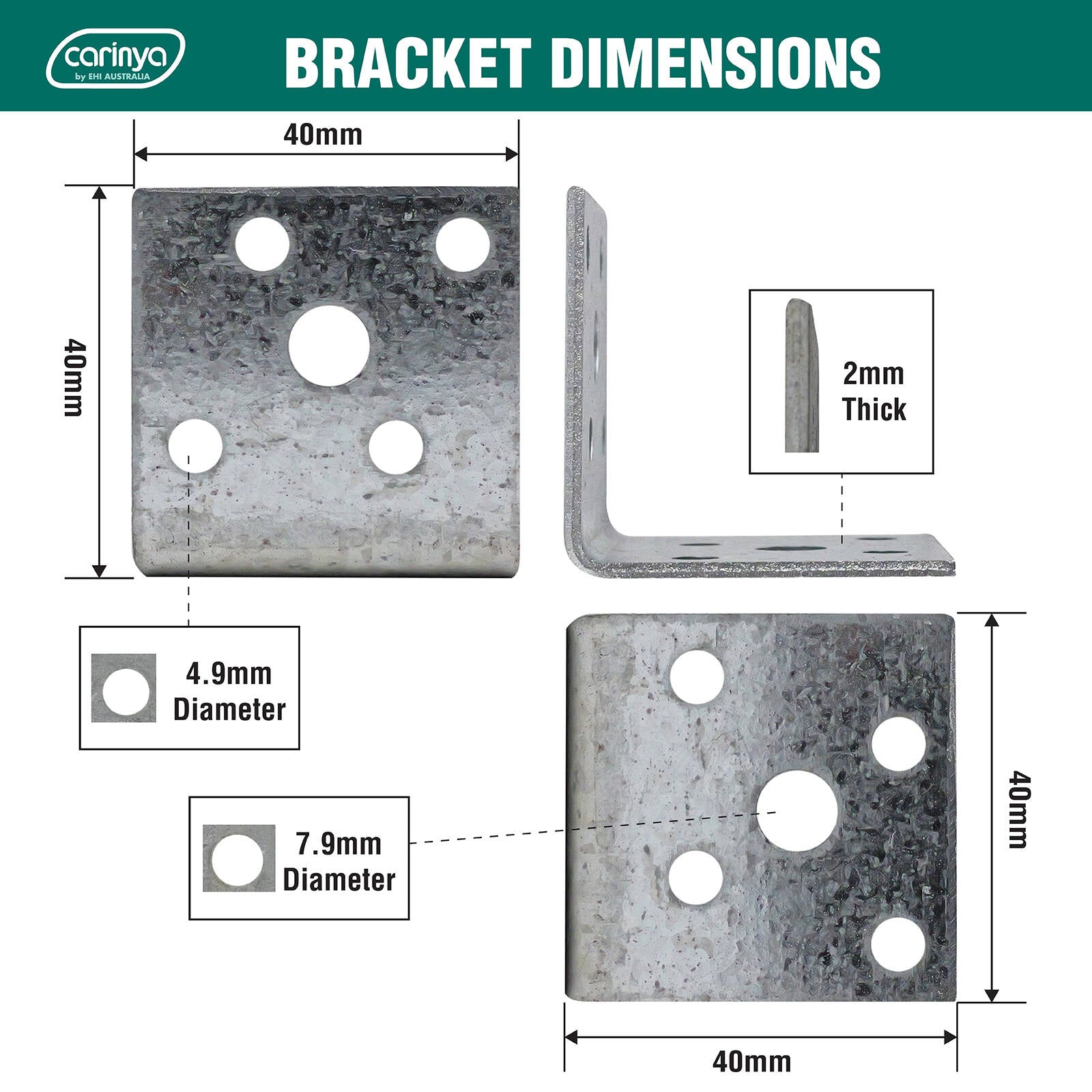 Carinya 40 x 40 x 40 x 2mm Galvanised Steel Reinforcing Angle Bracket - 8 Pack