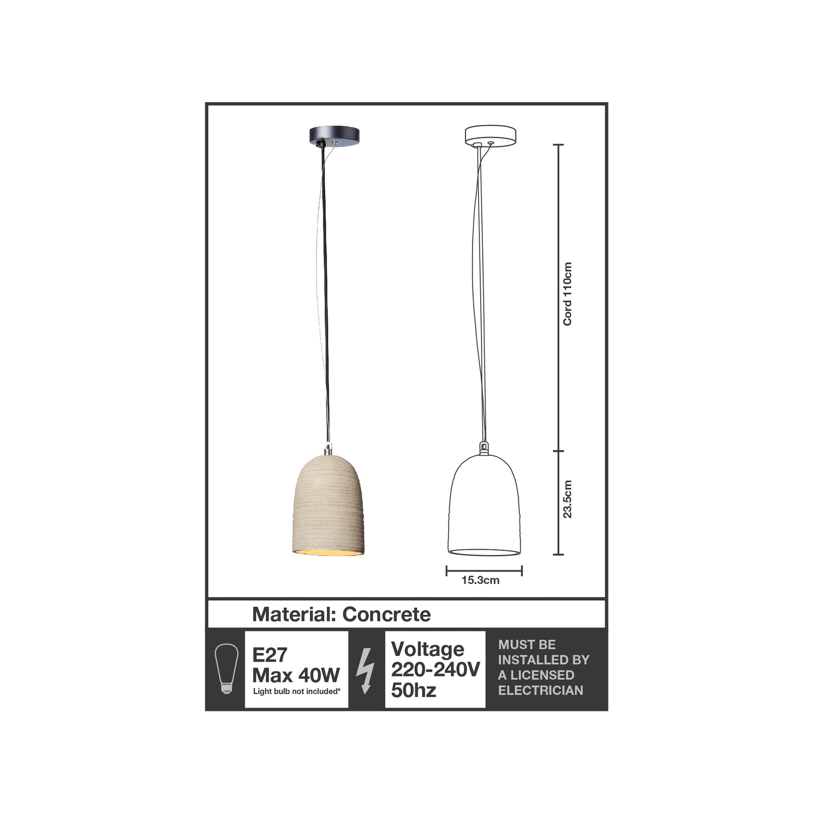 Home Design Crudo Concrete Pendant Light 153mm Hardwired Indoor E27 46356