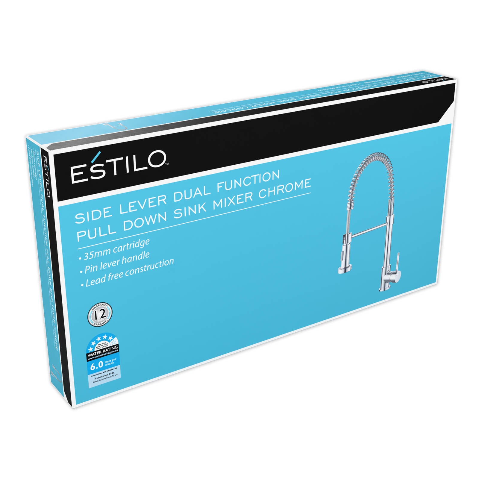 Estilo Tall Pull Down Sink Mixer Tap Chrome 35mm Coil Dual Function 500mm 5 Star WELS 6L/min