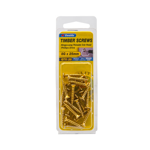 Zenith 8G x 25mm Brass Plated Countersunk Hinge Screws - Long Thread, Phillips Drive, 25 Pack