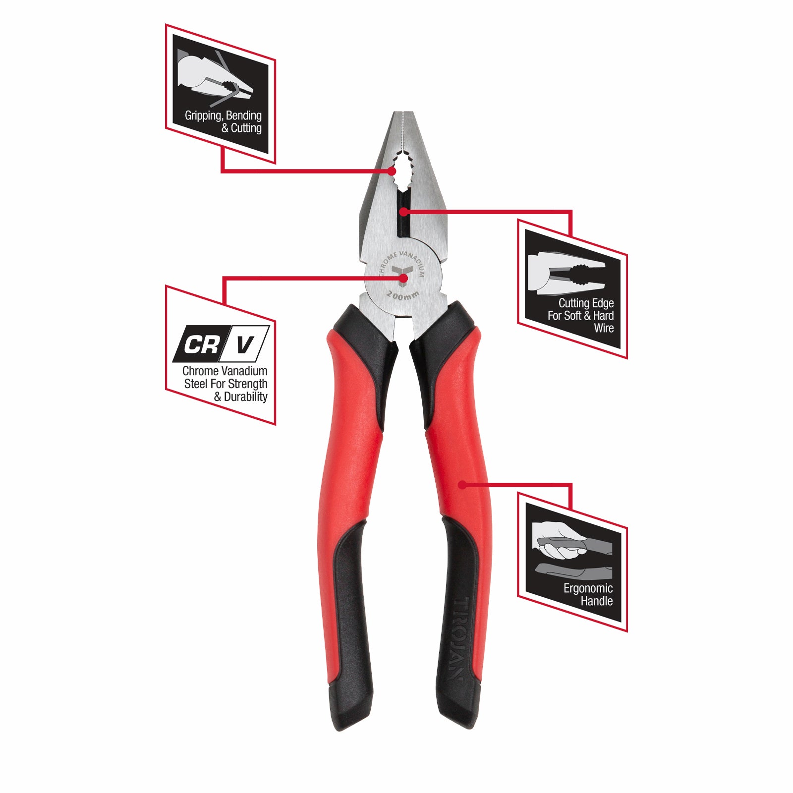 Trojan 200mm CRV Combination Plier Red and Black