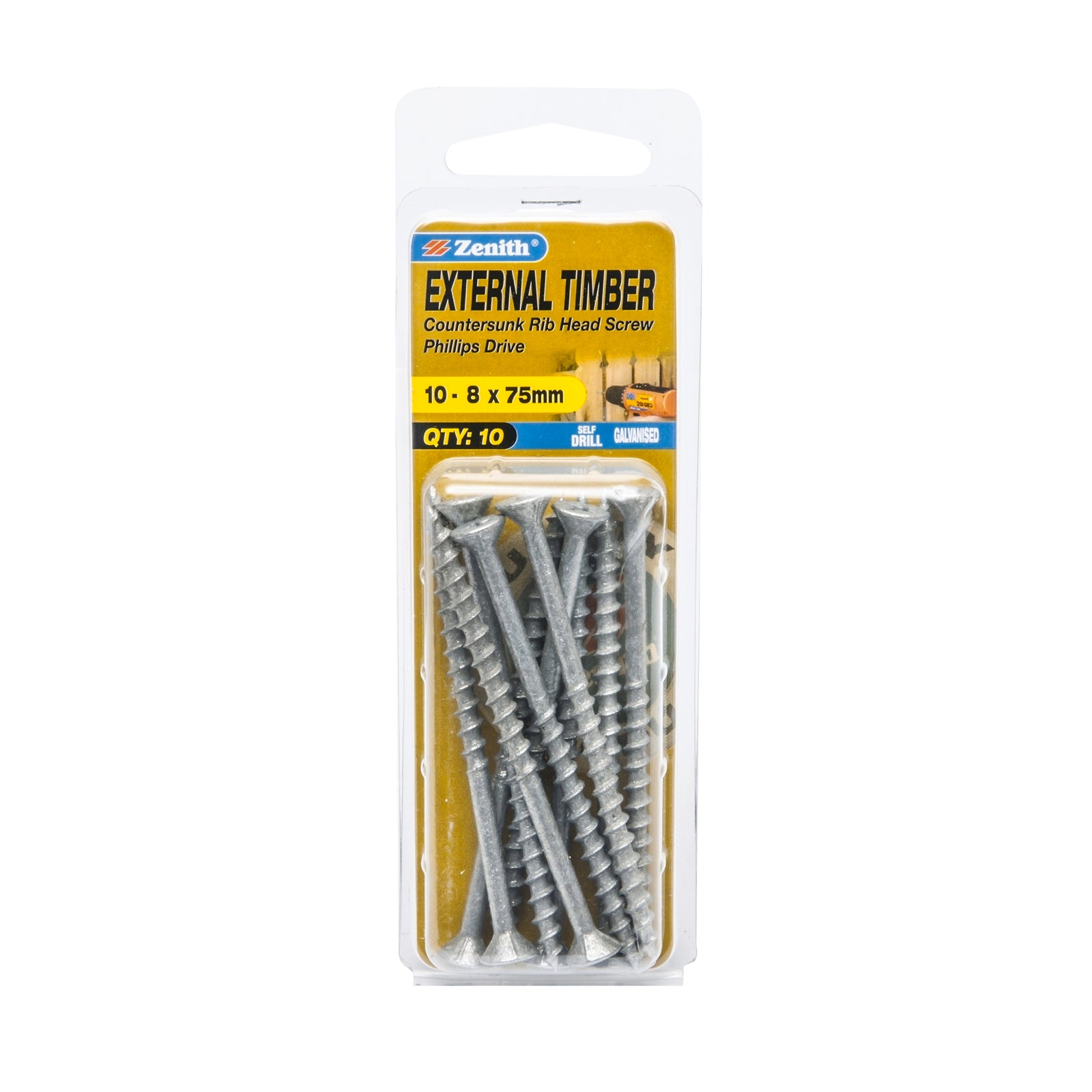 Zenith 10-8 x 75mm Galvanised Countersunk Rib Head External Timber Screws - 10 Pack
