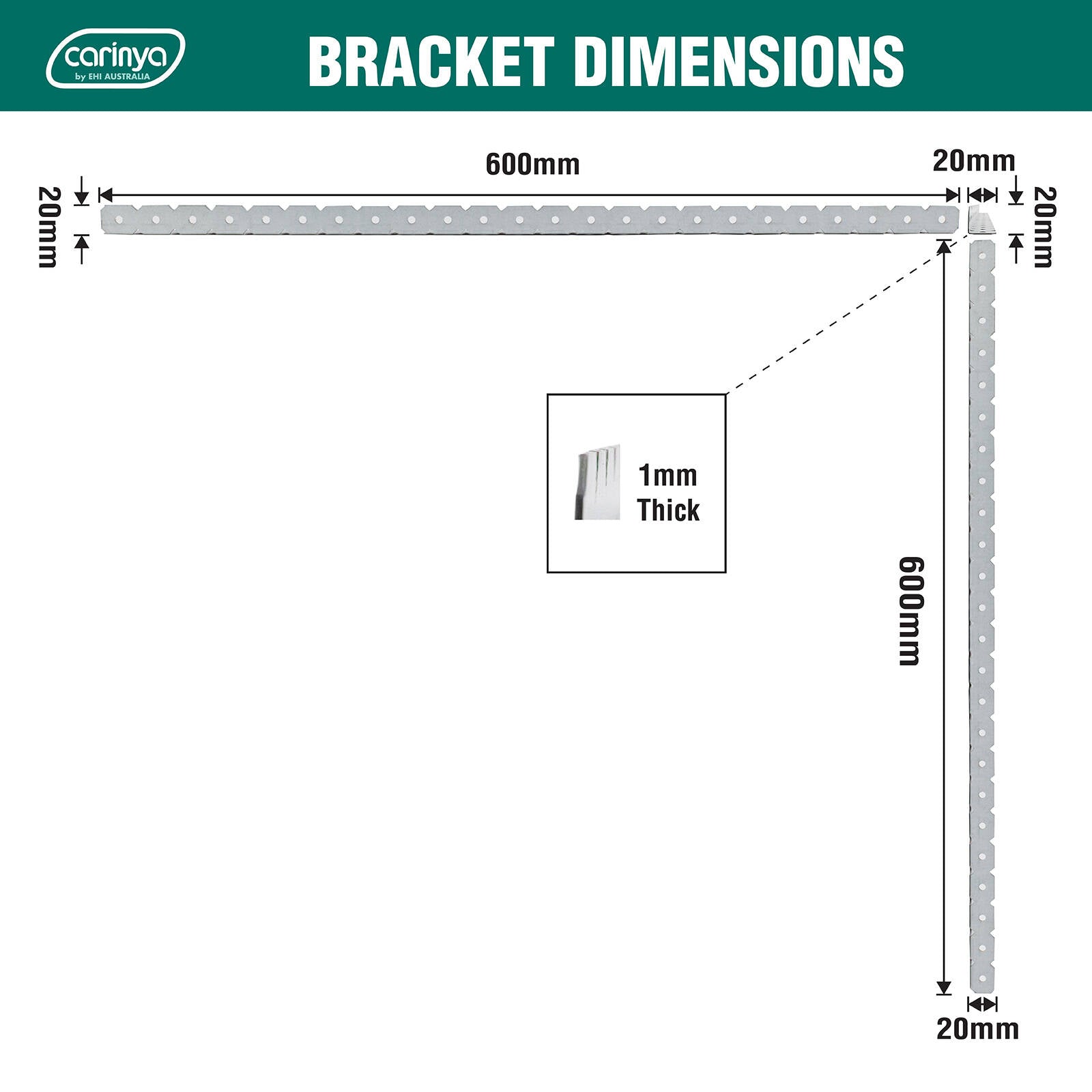 Carinya 20 x 20 x 600 x 1mm Galvanised Steel Angle Make-A-Bracket