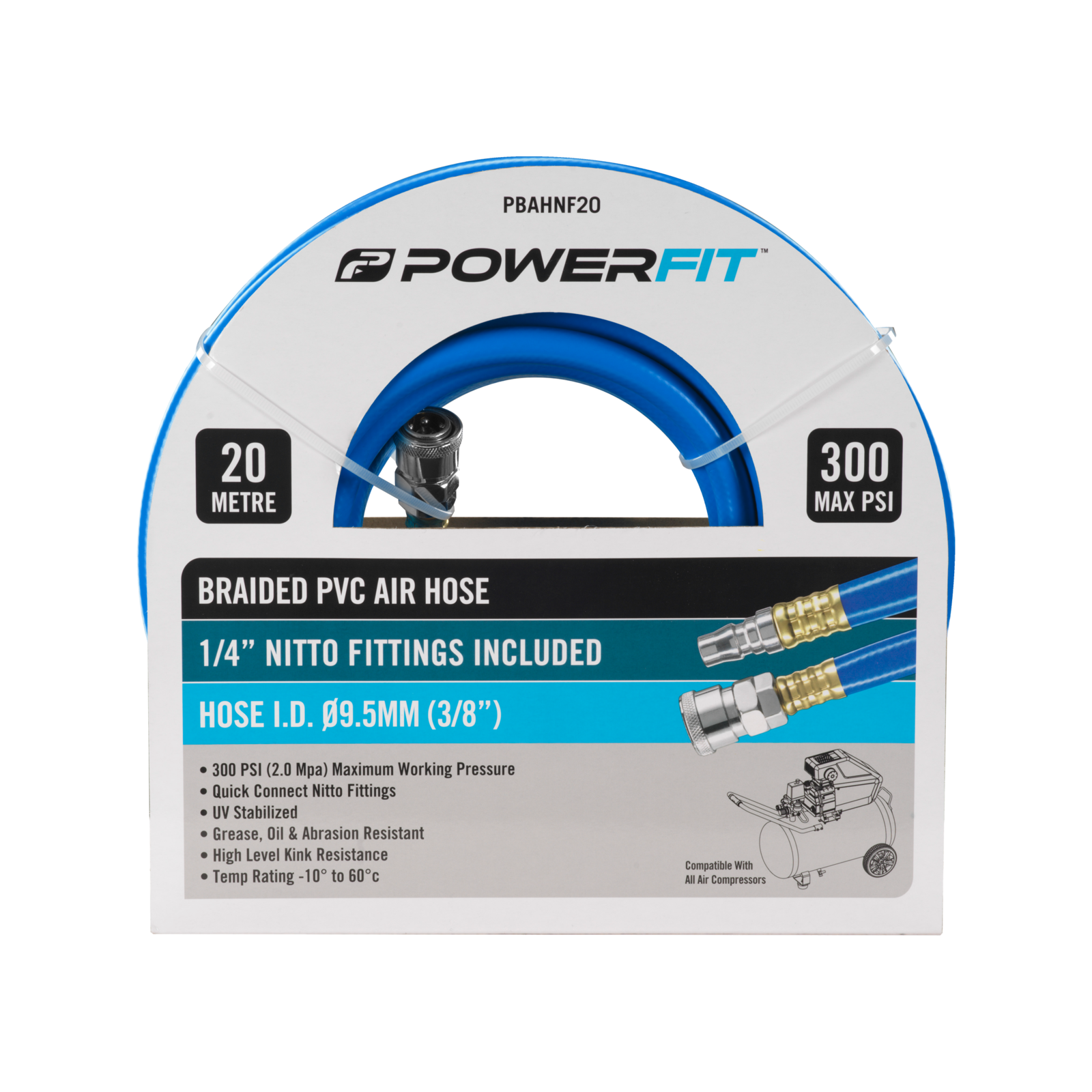 PowerFit 20m Braided Air Hose with Nitto Fittings 300 PSI