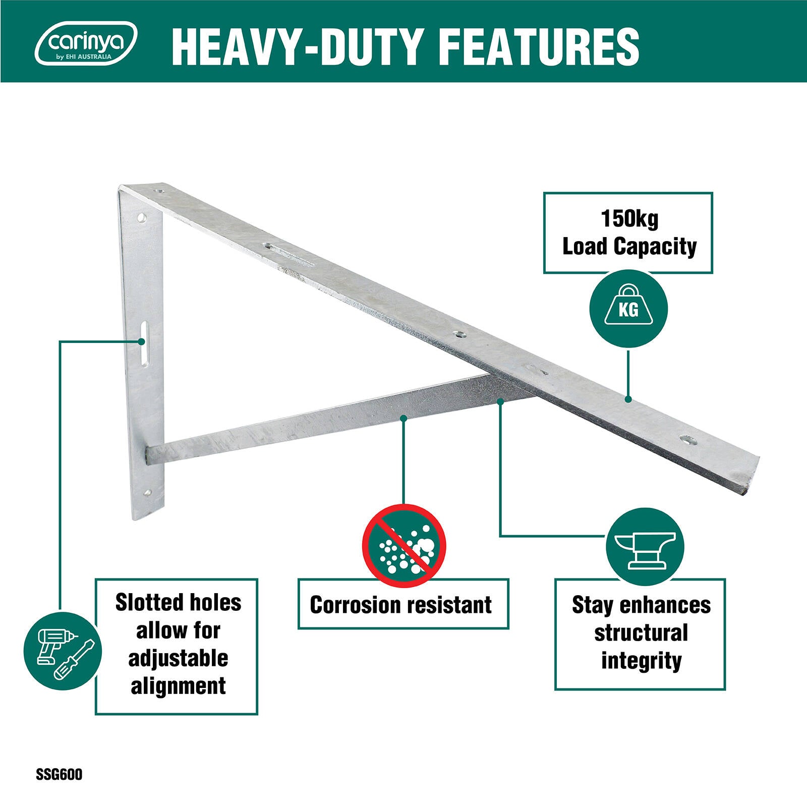 Carinya 600 x 450mm Galvanised Heavy Duty Straight Stay Bracket, 150kg Capacity