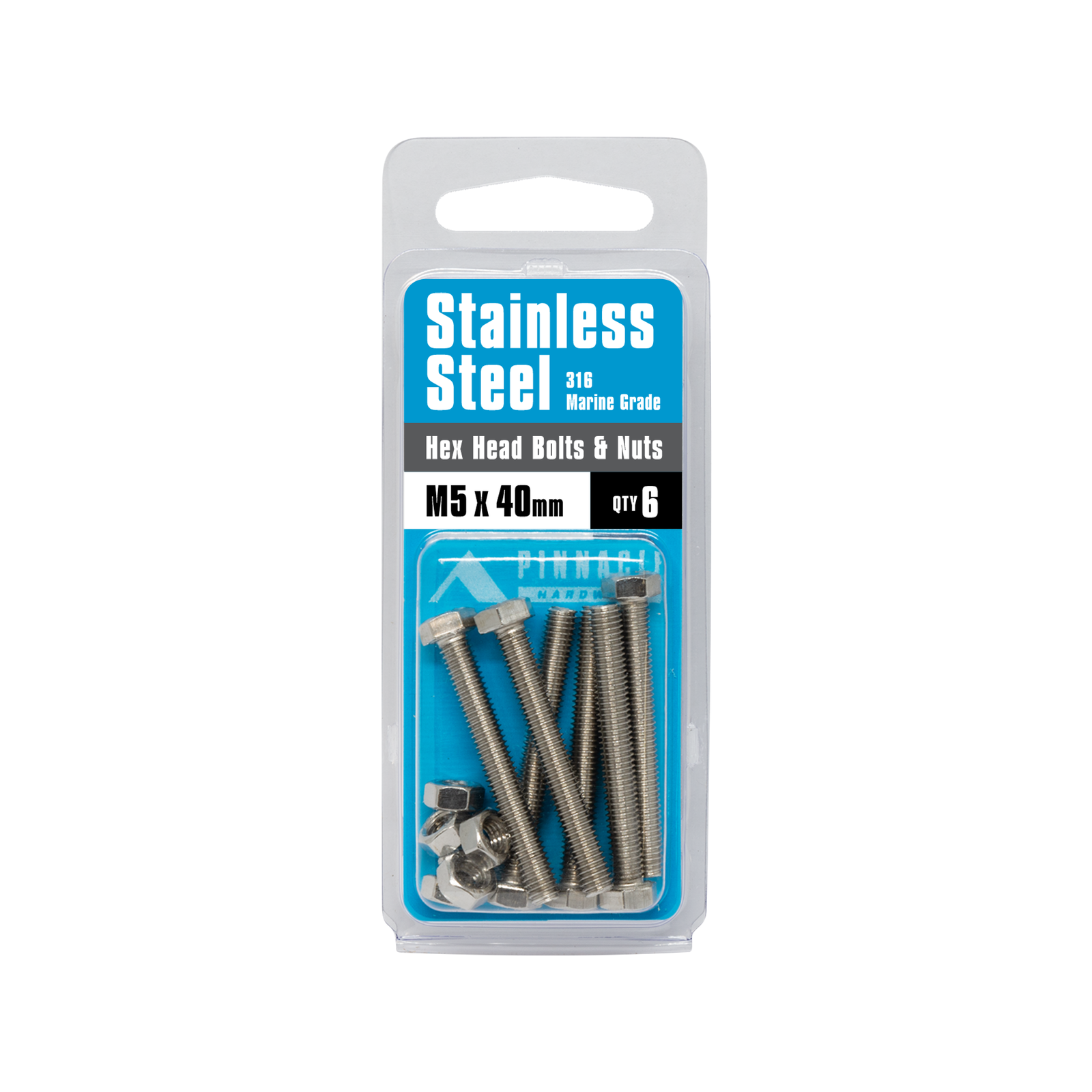 Pinnacle Hardware M5 x 40mm 316 Stainless Steel Hex Head Bolts And Nuts 6 Pack