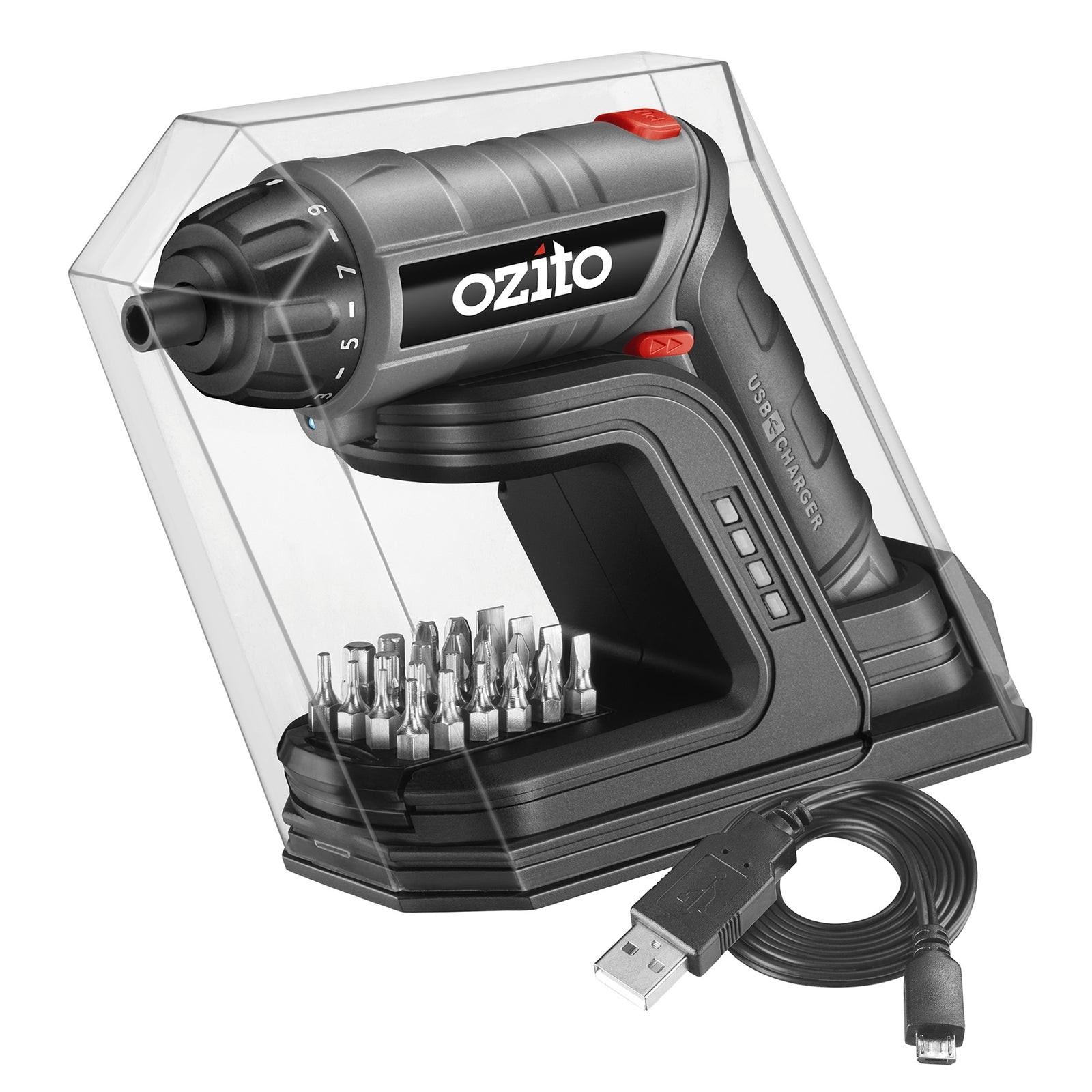 Ozito 3.6V Cordless Screwdriver SDL-5000, USB Charging Base, 9 Clutch Settings, Li-Ion, LED Light
