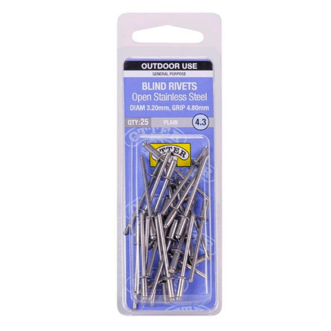 Otter 3.2 x 4.8mm Open Stainless Steel Blind Rivets 25 Pack