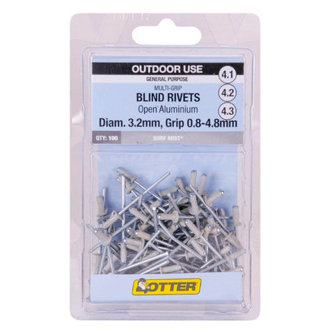 Otter Surfmist 3.2 x 0.8-4.8mm Multi-Grip Open Aluminium Blind Rivets 100 Pack