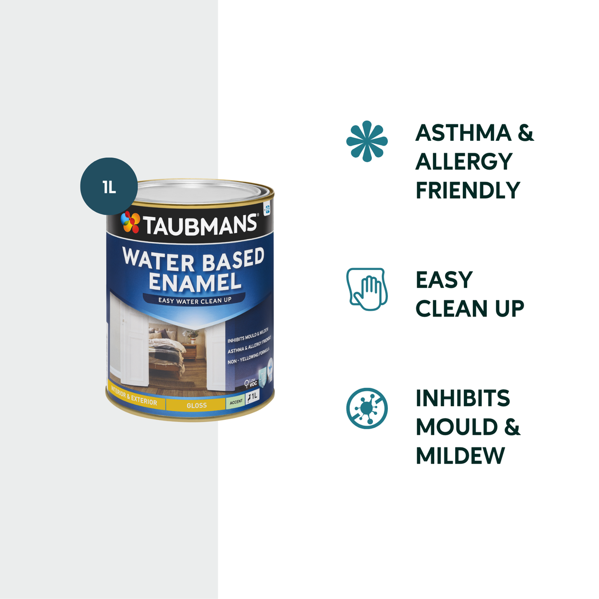 Taubmans 1L Accent Gloss Water Based Enamel Paint - Low VOC - Non-Yellowing - SuperSaverAU - view 2