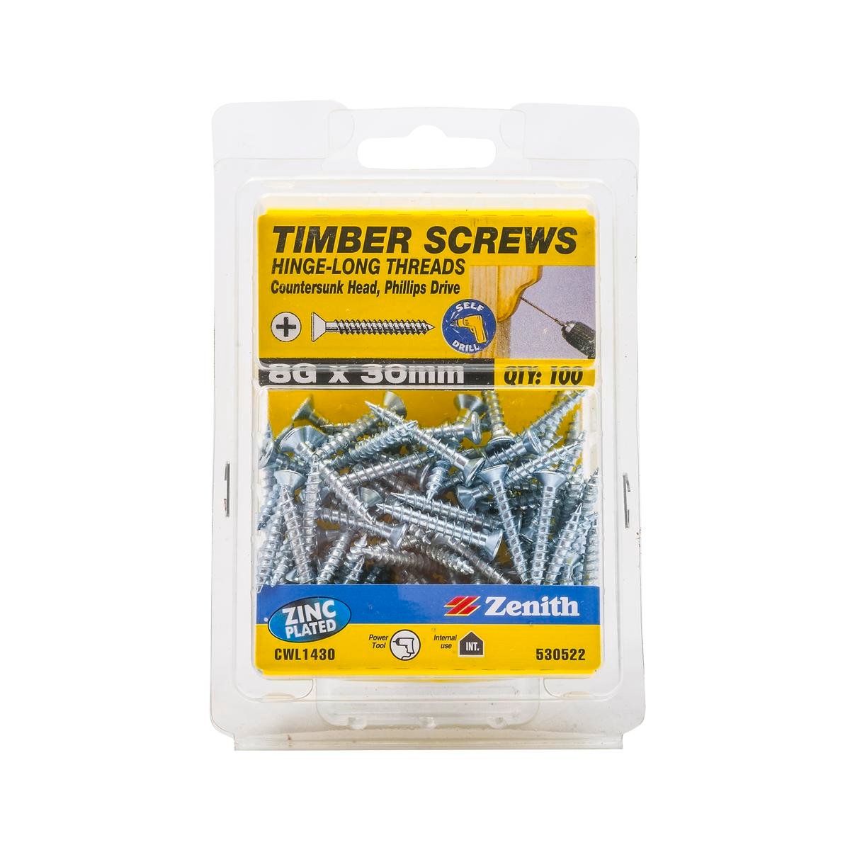 Zenith 8G x 30mm Zinc Plated Countersunk Hinge Timber Screws 100 Pack