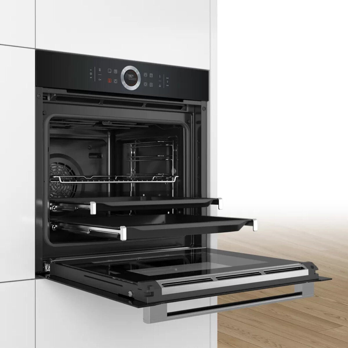 Bosch Serie 8 60cm Built-In Oven with Steam - 71L, 4D HotAir, Pyrolytic Cleaning, Black - HRG6753B1A