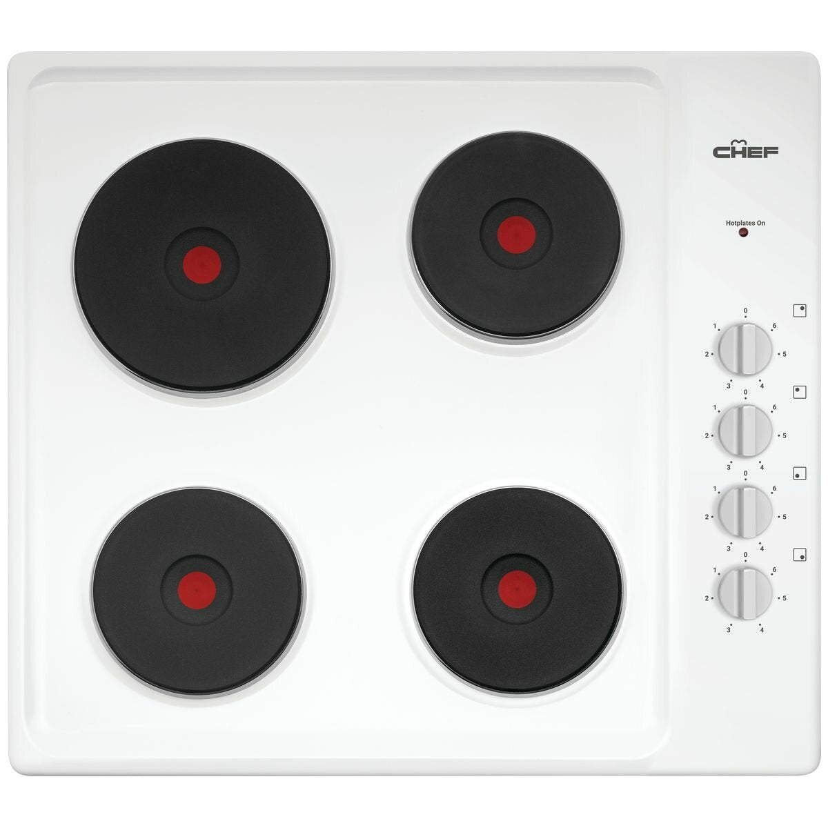 Chef 60cm electric cooktop - 4 solid hotplates, white enamel finish, red dot indicator - CHS642WB