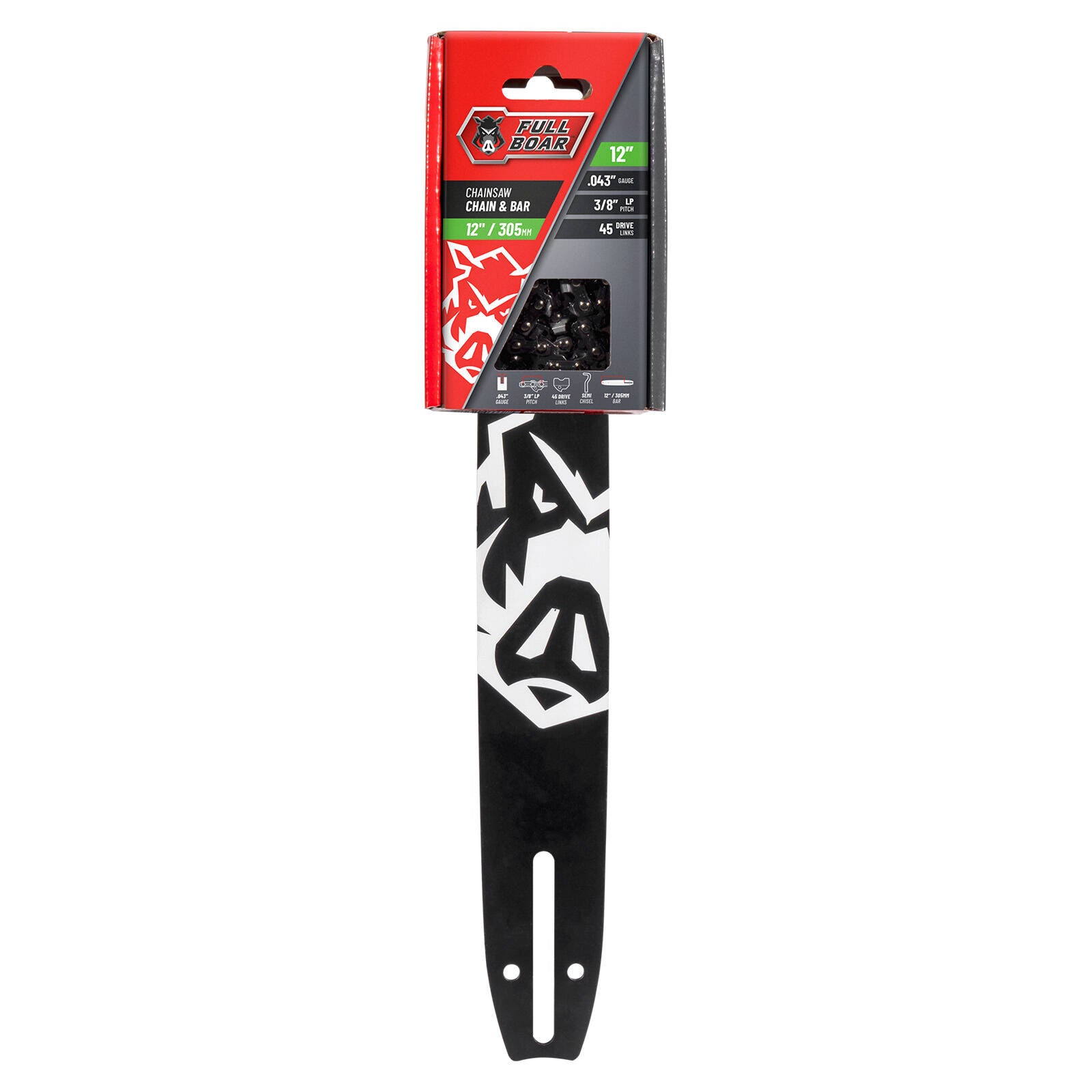 Full Boar 12" / 305mm Chainsaw Chain & Bar Set - 45 Drive Links, 9.53mm Pitch, 0.043 Gauge