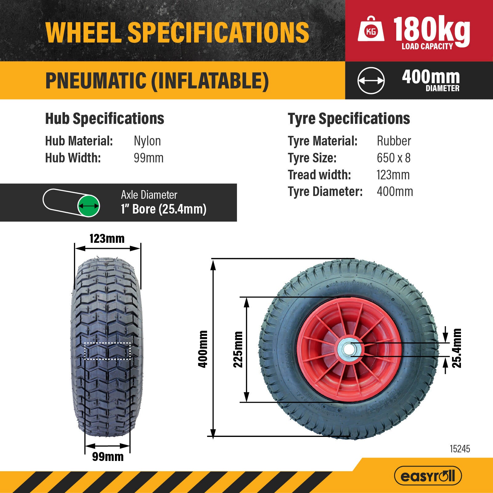 Easyroll 6.5 x 8" Pneumatic Nylon Wheelbarrow Wheel, 1" Axle, 180kg