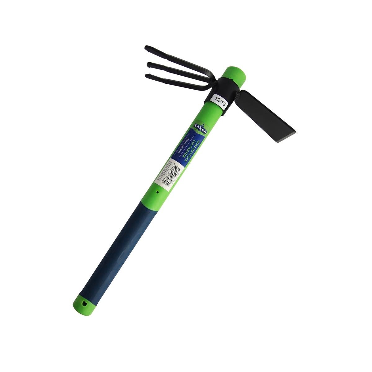 Saxon Mini Mattock Cultivator 3-Tine Carbon Steel Fibreglass Handle Garden Tool